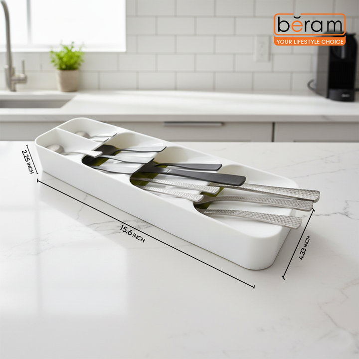 Beram Kitchen Drawer Cutlery Organizer Tray 39.6×11×5.5 cm – Utensil Holder Rack for Spoons, Forks & Knives, Compact Silverware Divider Storage Box, Plastic Drawer Organizer for Kitchen Tools & Gadgets