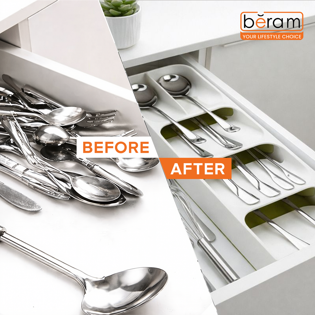 Beram Kitchen Drawer Cutlery Organizer Tray 39.6×11×5.5 cm – Utensil Holder Rack for Spoons, Forks & Knives, Compact Silverware Divider Storage Box, Plastic Drawer Organizer for Kitchen Tools & Gadgets