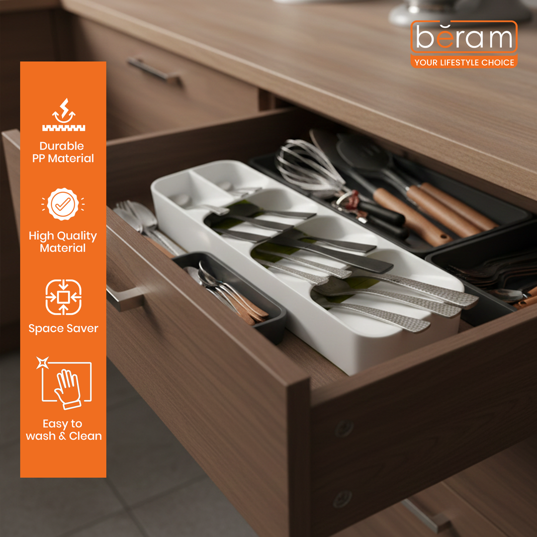 Beram Kitchen Drawer Cutlery Organizer Tray 39.6×11×5.5 cm – Utensil Holder Rack for Spoons, Forks & Knives, Compact Silverware Divider Storage Box, Plastic Drawer Organizer for Kitchen Tools & Gadgets