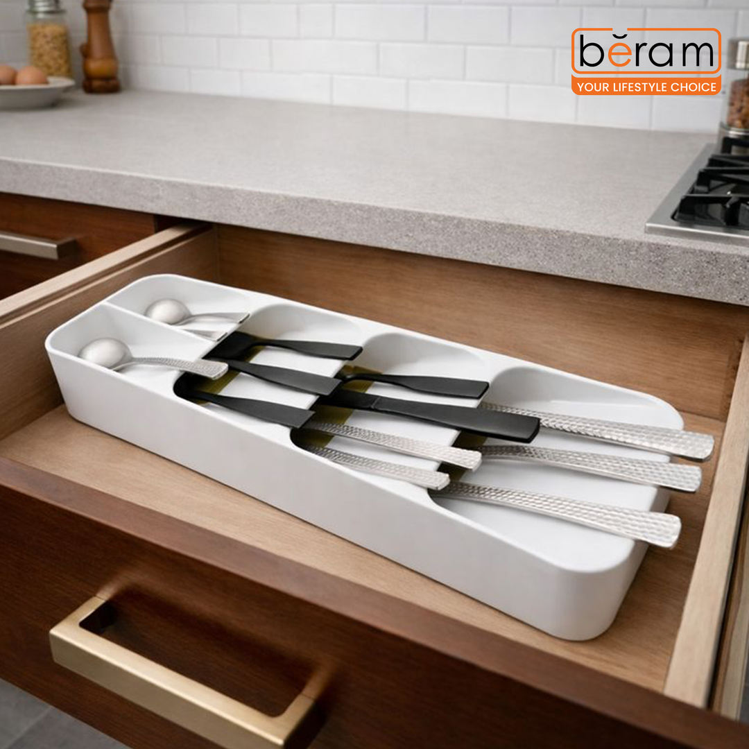 Beram Kitchen Drawer Cutlery Organizer Tray 39.6×11×5.5 cm – Utensil Holder Rack for Spoons, Forks & Knives, Compact Silverware Divider Storage Box, Plastic Drawer Organizer for Kitchen Tools & Gadgets