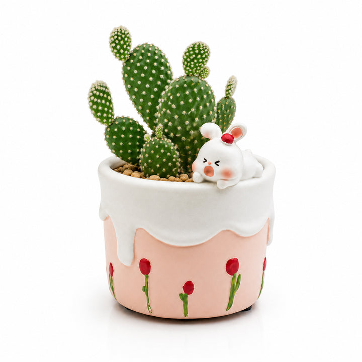 Spring Bunny and Cheese Tiger Planter Set Polyresin Decorative Flower Pots Cute Animal Succulent Holders with Drainage Hole Indoor Outdoor Home Office Desk Decor Pen Pencil Holder Propagator Kit Gift