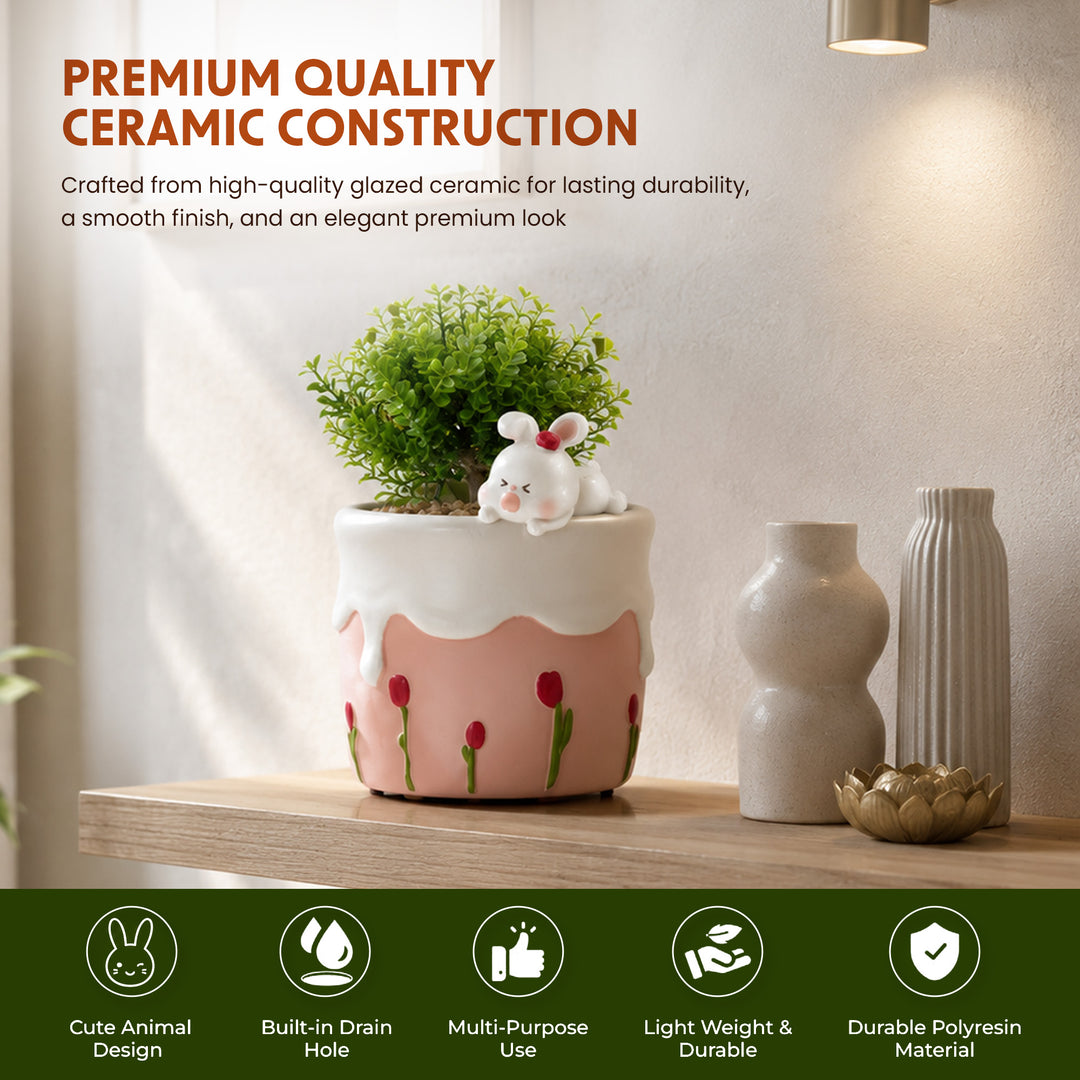 Spring Bunny and Cheese Tiger Planter Set Polyresin Decorative Flower Pots Cute Animal Succulent Holders with Drainage Hole Indoor Outdoor Home Office Desk Decor Pen Pencil Holder Propagator Kit Gift
