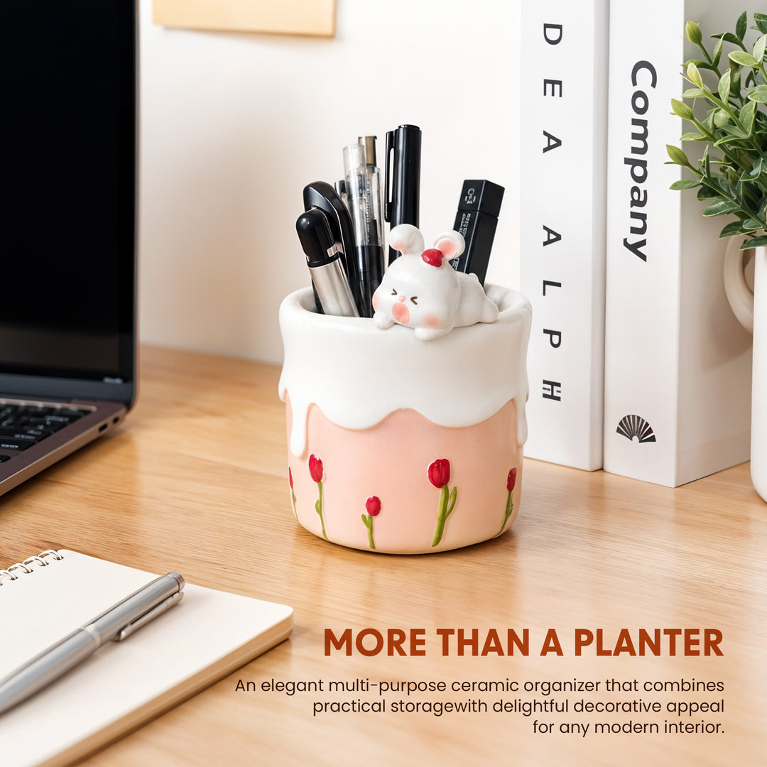 Spring Bunny and Cheese Tiger Planter Set Polyresin Decorative Flower Pots Cute Animal Succulent Holders with Drainage Hole Indoor Outdoor Home Office Desk Decor Pen Pencil Holder Propagator Kit Gift