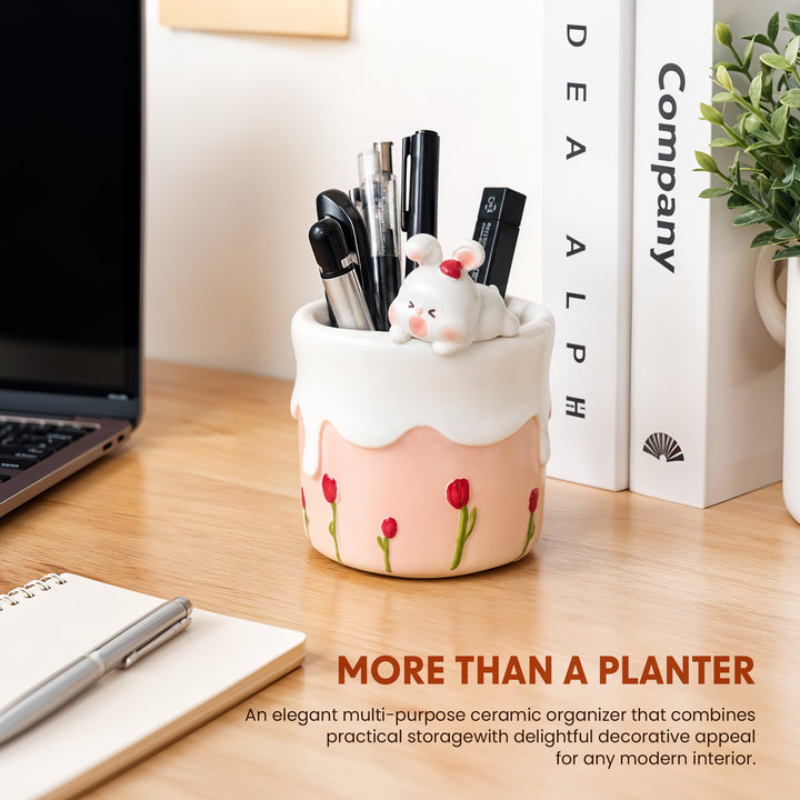 Spring Bunny and Cheese Tiger Planter Set Polyresin Decorative Flower Pots Cute Animal Succulent Holders with Drainage Hole Indoor Outdoor Home Office Desk Decor Pen Pencil Holder Propagator Kit Gift