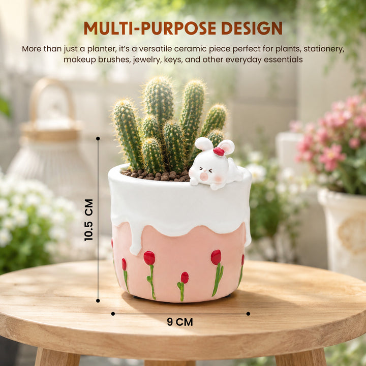 Spring Bunny and Cheese Tiger Planter Set Polyresin Decorative Flower Pots Cute Animal Succulent Holders with Drainage Hole Indoor Outdoor Home Office Desk Decor Pen Pencil Holder Propagator Kit Gift