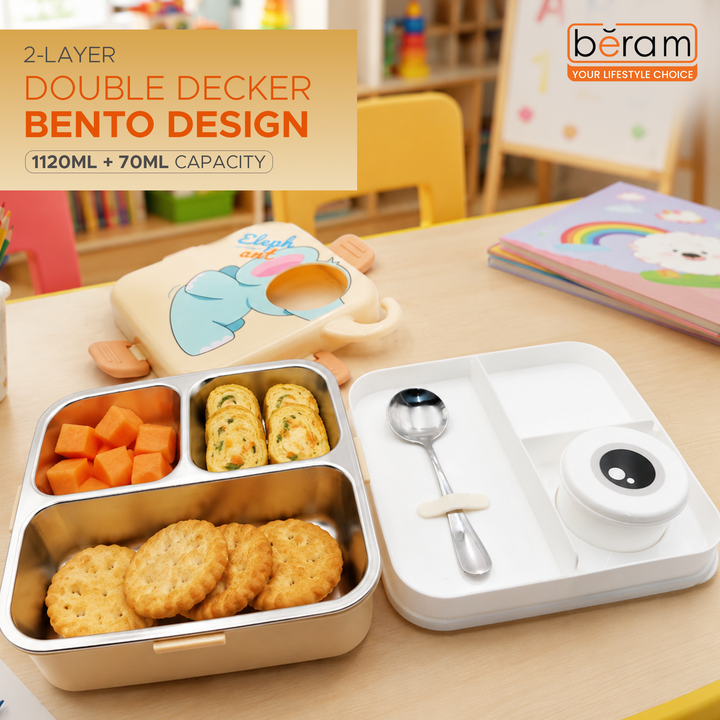 Beram Square Premium 304 Stainless Steel Bento Lunch Box 2-Layer Double Decker Kids School PP & Silicone Lunch Box Leakproof BPA-Free Tiffin 1120ml+70ml