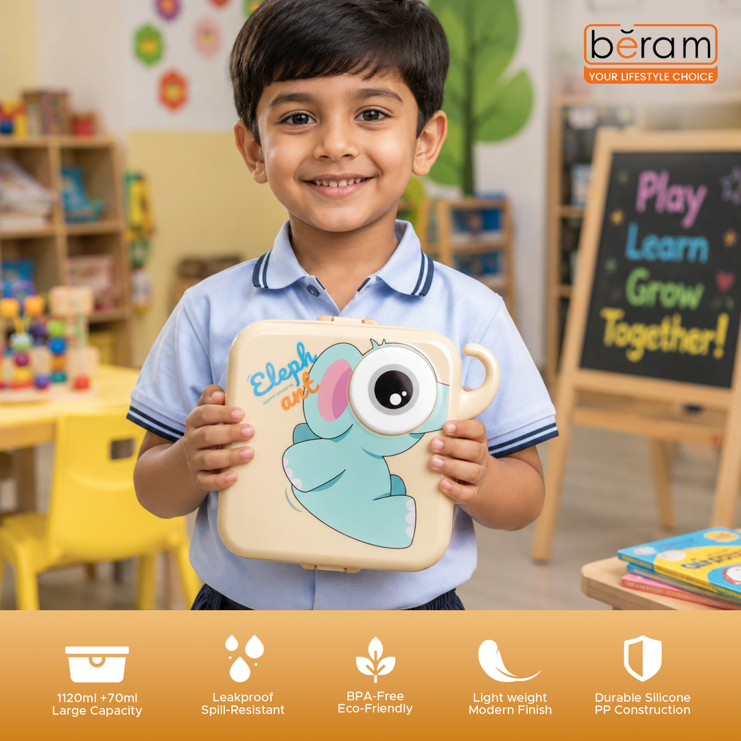 Beram Square Premium 304 Stainless Steel Bento Lunch Box 2-Layer Double Decker Kids School PP & Silicone Lunch Box Leakproof BPA-Free Tiffin 1120ml+70ml