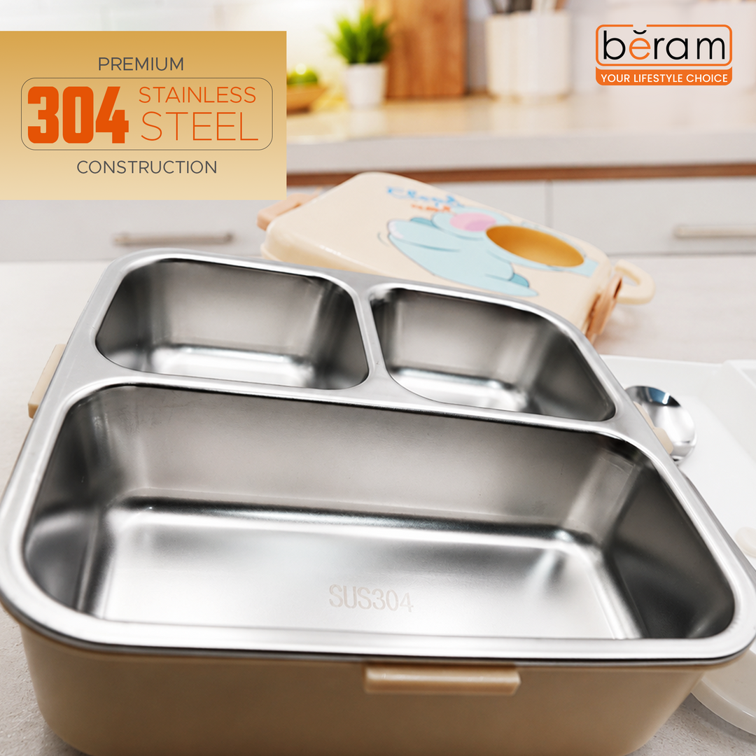 Beram Square Premium 304 Stainless Steel Bento Lunch Box 2-Layer Double Decker Kids School PP & Silicone Lunch Box Leakproof BPA-Free Tiffin 1120ml+70ml