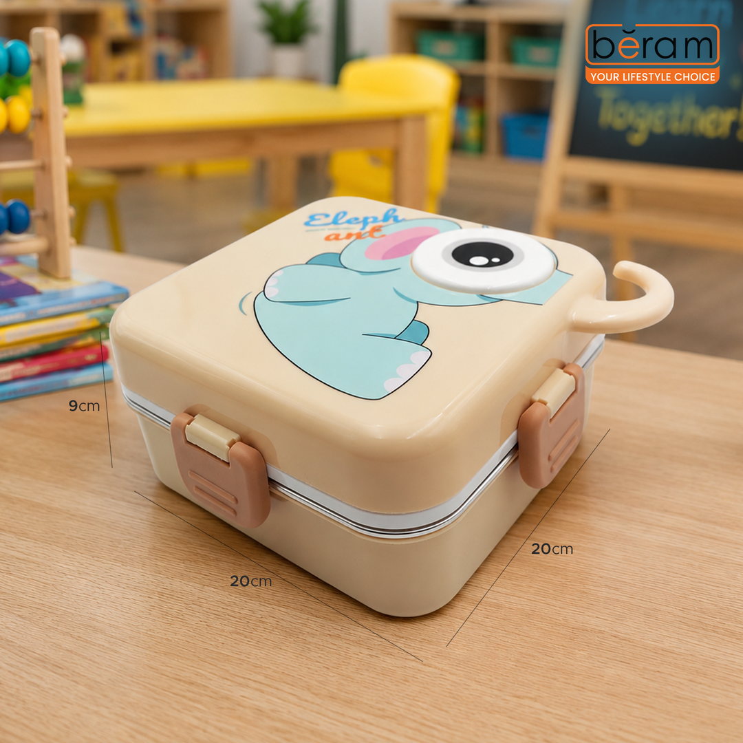 Beram Square Premium 304 Stainless Steel Bento Lunch Box 2-Layer Double Decker Kids School PP & Silicone Lunch Box Leakproof BPA-Free Tiffin 1120ml+70ml