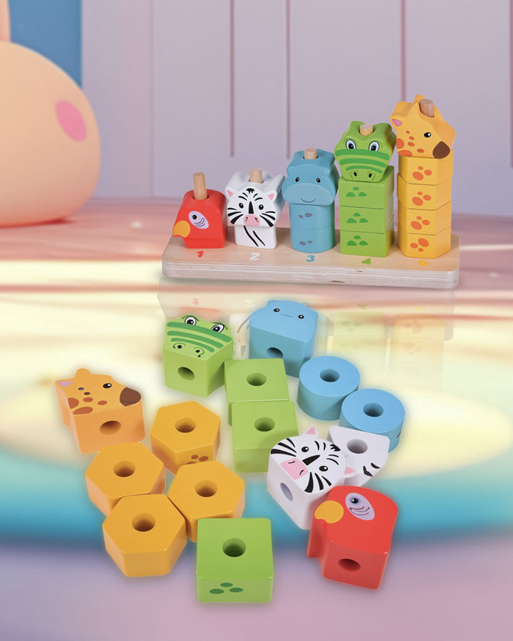 Playtive Stacking Animals Toy – 16-Piece Wooden Educational Set for Toddlers Aged 1+ – Colorful Animal Blocks for Learning Numbers, Shapes, and Colors – Safe, Durable, TÜV Certified Early Development Toy Promoting Logic, Dexterity & Creative Play