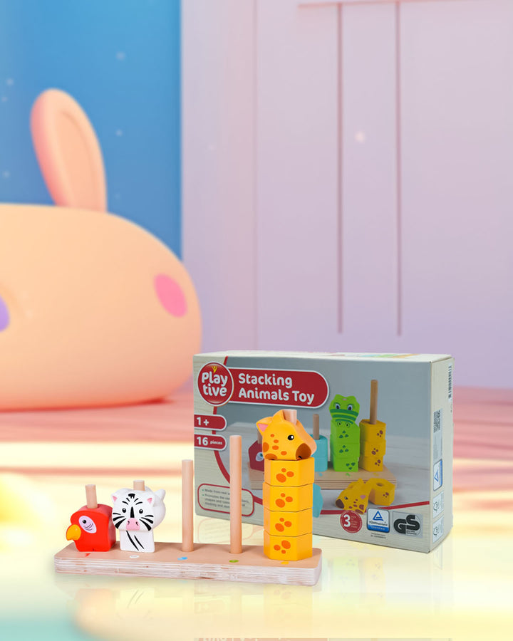 Playtive Stacking Animals Toy – 16-Piece Wooden Educational Set for Toddlers Aged 1+ – Colorful Animal Blocks for Learning Numbers, Shapes, and Colors – Safe, Durable, TÜV Certified Early Development Toy Promoting Logic, Dexterity & Creative Play