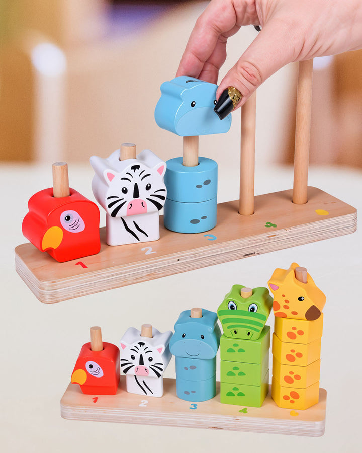 Playtive Stacking Animals Toy – 16-Piece Wooden Educational Set for Toddlers Aged 1+ – Colorful Animal Blocks for Learning Numbers, Shapes, and Colors – Safe, Durable, TÜV Certified Early Development Toy Promoting Logic, Dexterity & Creative Play