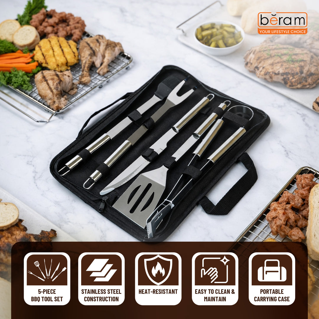 BERAM BBQ Tool Kit Set Portable Barbecue Grill Accessories and Grilling Tools Stainless Steel Tongs Barbeque Utensils for Outdoor Camping Kitchen Cooking and BBQ Parties