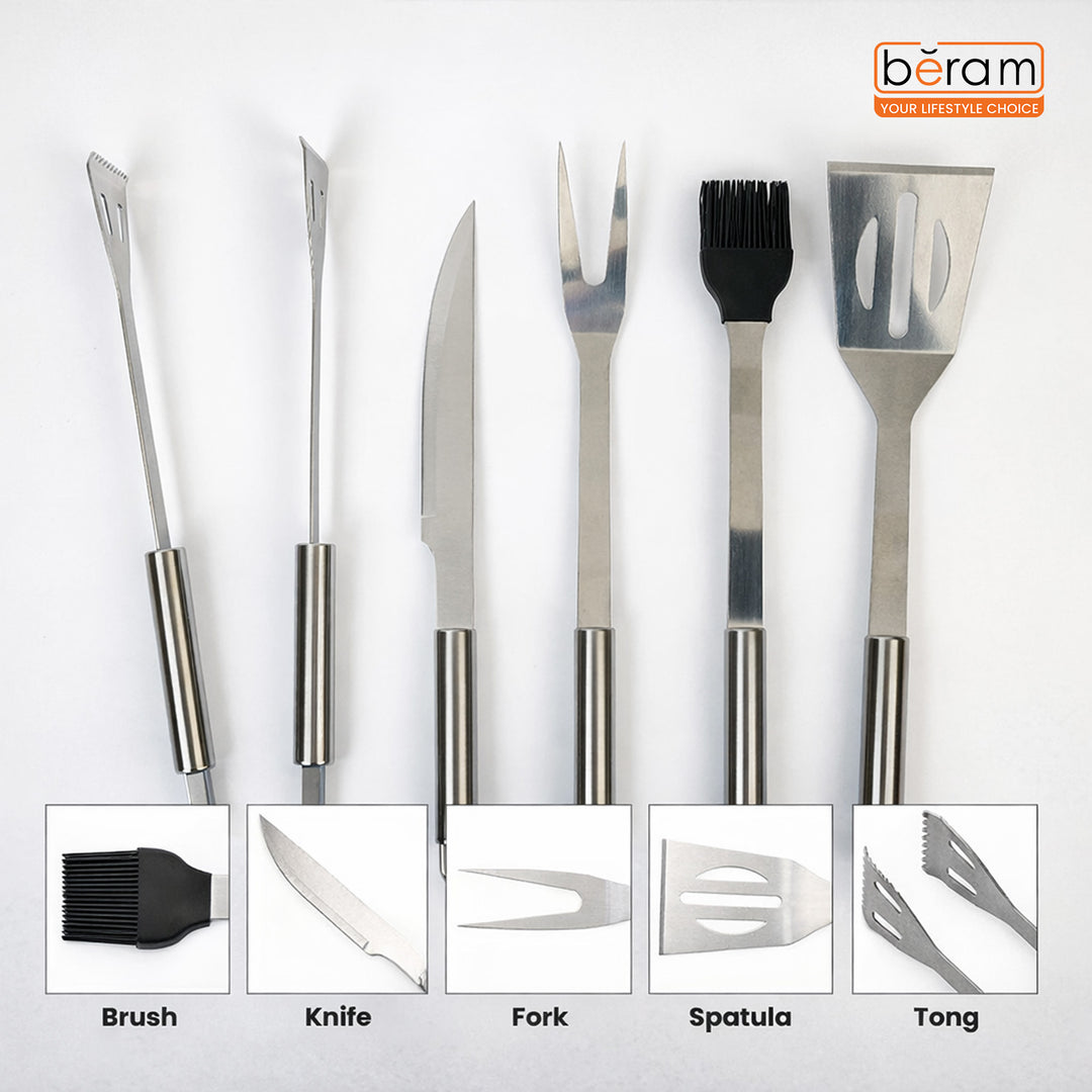 BERAM BBQ Tool Kit Set Portable Barbecue Grill Accessories and Grilling Tools Stainless Steel Tongs Barbeque Utensils for Outdoor Camping Kitchen Cooking and BBQ Parties