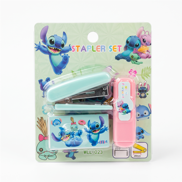 Stapler Set with Stitch Design Stapler, Staple Pins & Highlighter, Compact Stationery Kit for Office, School, Home, Classroom, Study, Craft Projects and Everyday Use