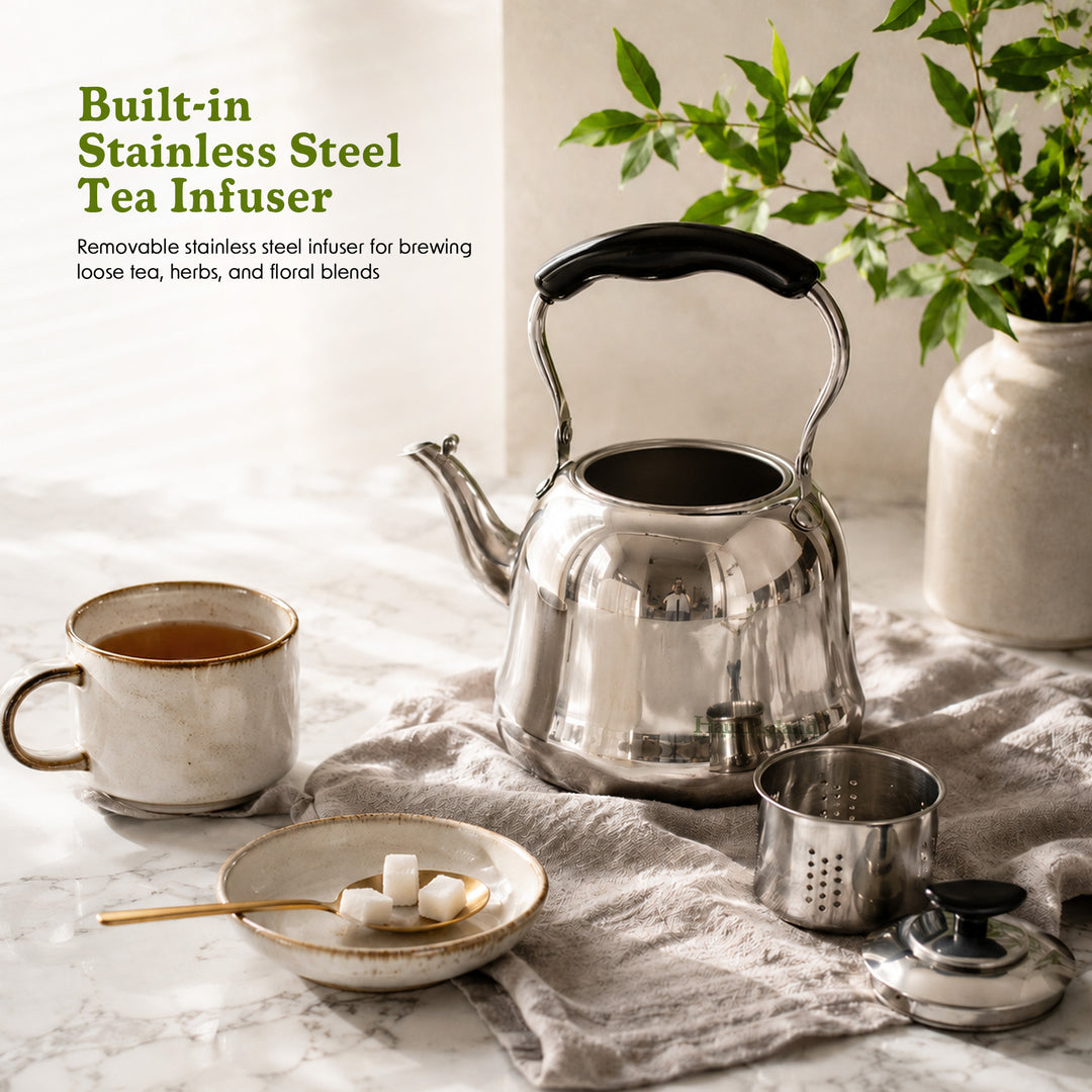 Beram MILANO Stainless Steel Tea Kettle with Infuser Whistling Teapot 2 Liters Stovetop Safe Whistling Heat and Cold Resistant Tea Strainers Dishwasher Safe