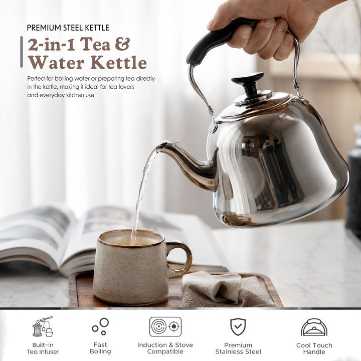 Beram MILANO Stainless Steel Tea Kettle with Infuser Whistling Teapot 2 Liters Stovetop Safe Whistling Heat and Cold Resistant Tea Strainers Dishwasher Safe