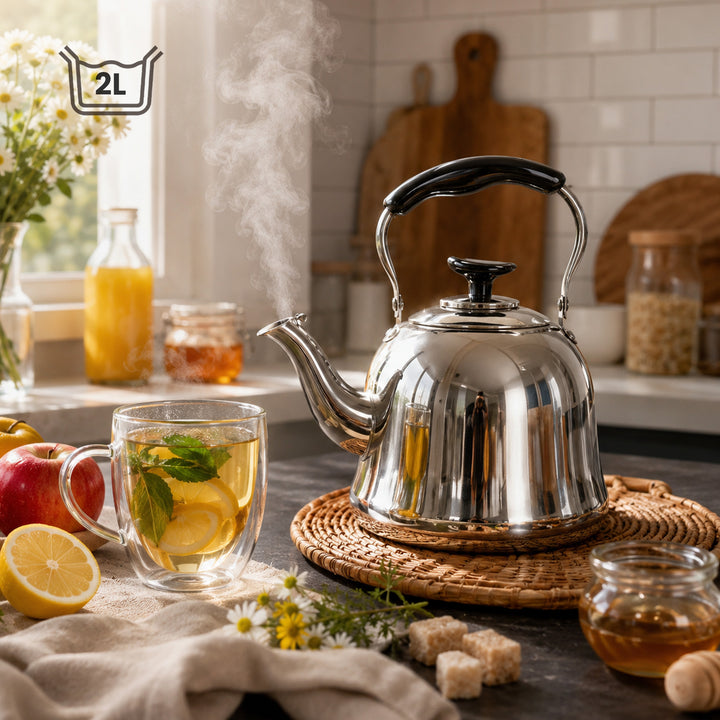 Beram MILANO Stainless Steel Tea Kettle with Infuser Whistling Teapot 2 Liters Stovetop Safe Whistling Heat and Cold Resistant Tea Strainers Dishwasher Safe
