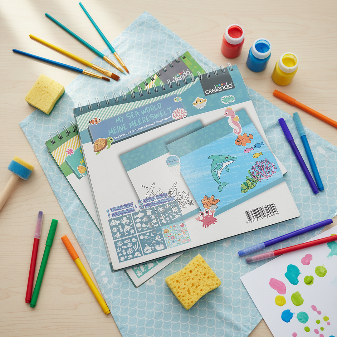 Under Water Wonders Kids Art Set Ocean Animals Drawing Kit with 80 Sketch Pages 5 Sea Life Stencils and 1 Sticker Sheet Creative Sea World Activity Book for Fun Learning and Imaginative Play