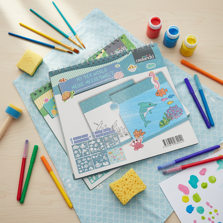 Under Water Wonders Kids Art Set Ocean Animals Drawing Kit with 80 Sketch Pages 5 Sea Life Stencils and 1 Sticker Sheet Creative Sea World Activity Book for Fun Learning and Imaginative Play