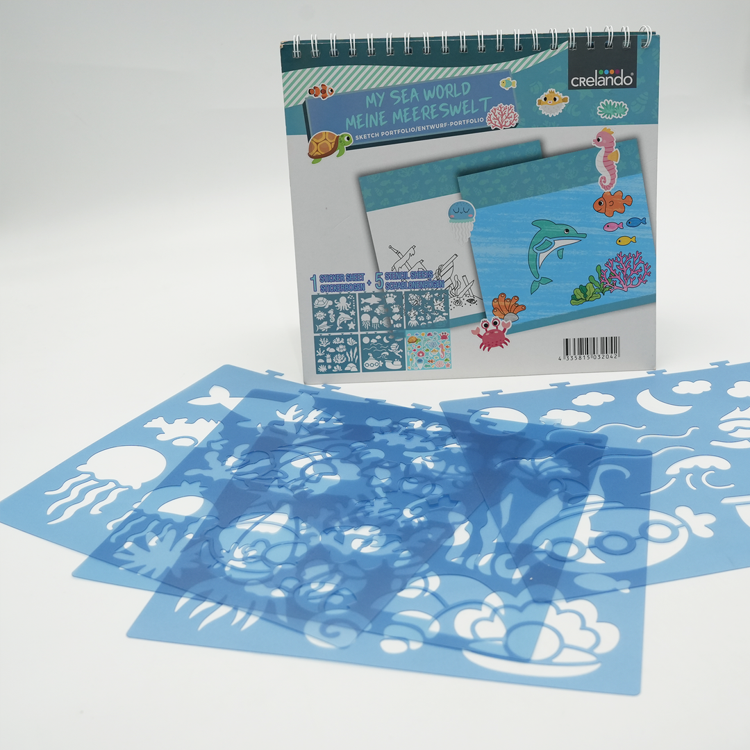 Under Water Wonders Kids Art Set Ocean Animals Drawing Kit with 80 Sketch Pages 5 Sea Life Stencils and 1 Sticker Sheet Creative Sea World Activity Book for Fun Learning and Imaginative Play