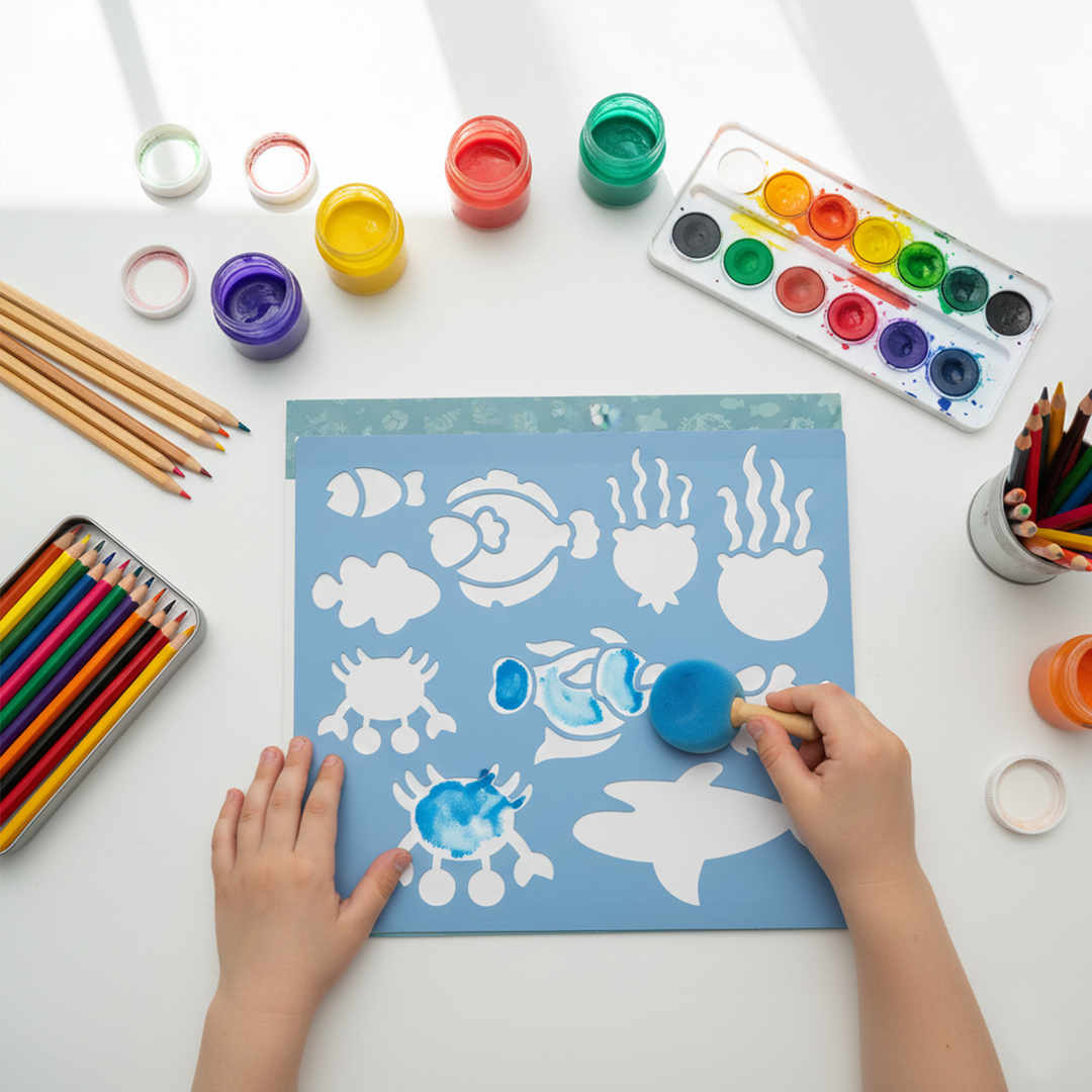 Under Water Wonders Kids Art Set Ocean Animals Drawing Kit with 80 Sketch Pages 5 Sea Life Stencils and 1 Sticker Sheet Creative Sea World Activity Book for Fun Learning and Imaginative Play