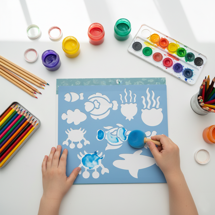 Under Water Wonders Kids Art Set Ocean Animals Drawing Kit with 80 Sketch Pages 5 Sea Life Stencils and 1 Sticker Sheet Creative Sea World Activity Book for Fun Learning and Imaginative Play