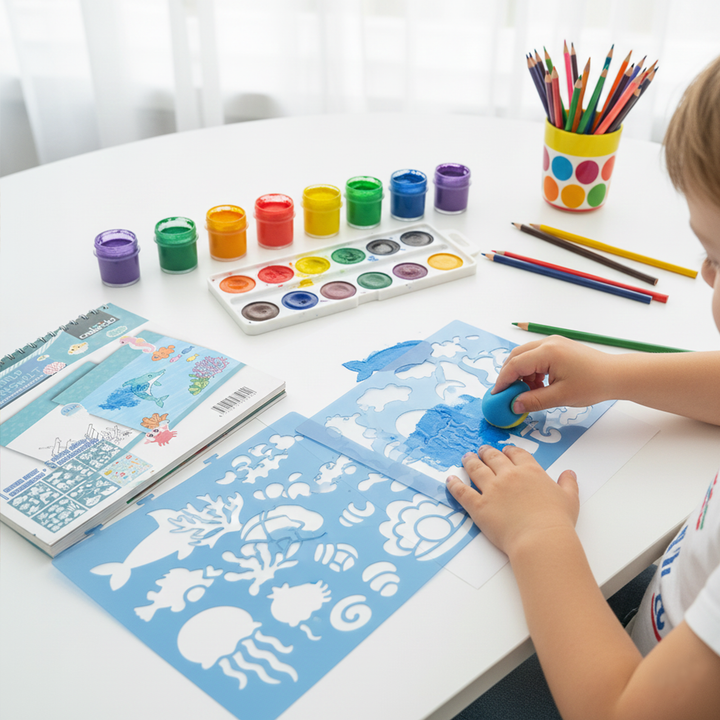 Under Water Wonders Kids Art Set Ocean Animals Drawing Kit with 80 Sketch Pages 5 Sea Life Stencils and 1 Sticker Sheet Creative Sea World Activity Book for Fun Learning and Imaginative Play