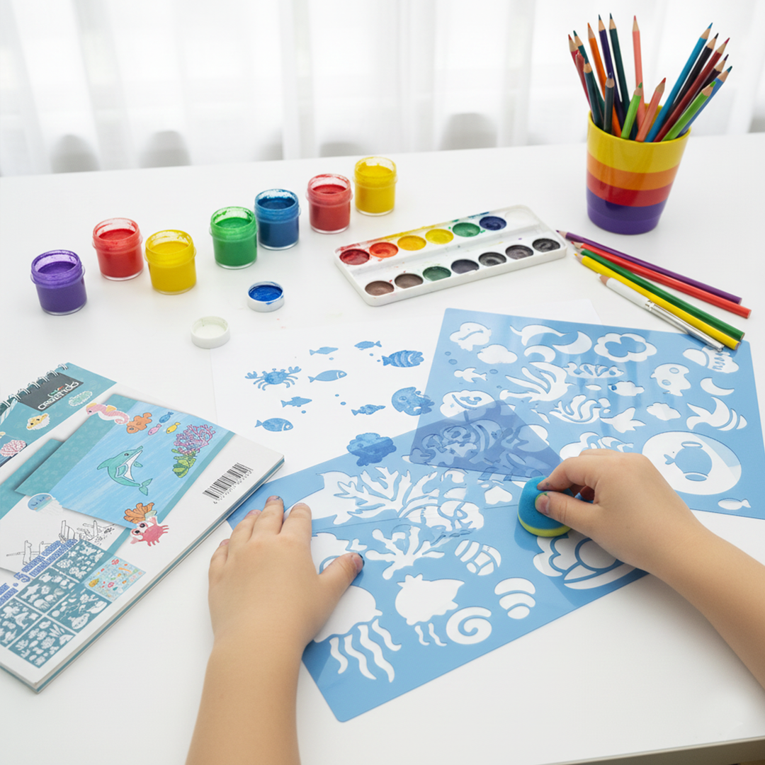Under Water Wonders Kids Art Set Ocean Animals Drawing Kit with 80 Sketch Pages 5 Sea Life Stencils and 1 Sticker Sheet Creative Sea World Activity Book for Fun Learning and Imaginative Play