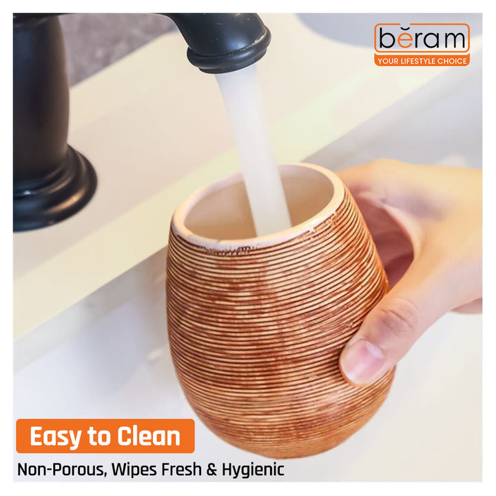 Beram 5PCS Brown Ceramic Bathroom Kitchen Accessory Set Natural Textured Design with Soap Dispenser brush Holder Tumbler Multifunction Holder & Soap Dish Rustic Boho Style (5PCS Set)