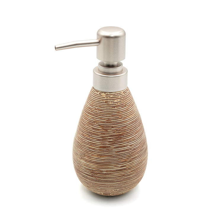 Beram Stripes Ceramic Soap Dispenser Bathroom Accessory Refillable Lotion Pump Bottle with Textured Stripe Design Modern 400ml Kitchen Accessory for Hand Soap, Lotion, or Sanitizer (Gold and Brown)