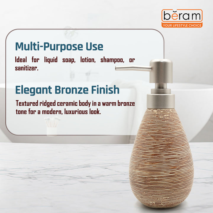 Beram Stripes Ceramic Soap Dispenser Bathroom Accessory Refillable Lotion Pump Bottle with Textured Stripe Design Modern 400ml Kitchen Accessory for Hand Soap, Lotion, or Sanitizer (Gold and Brown)