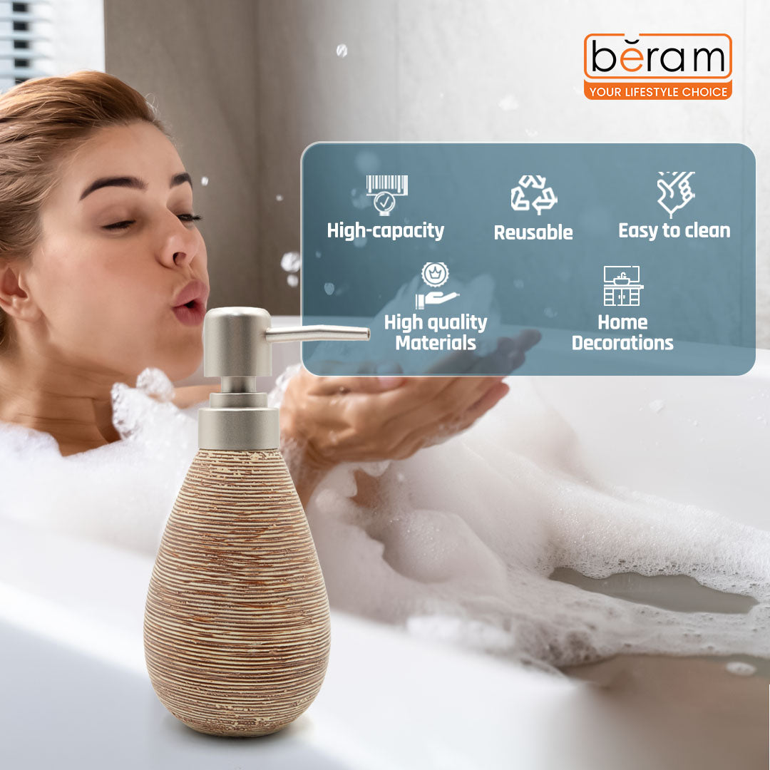 Beram Stripes Ceramic Soap Dispenser Bathroom Accessory Refillable Lotion Pump Bottle with Textured Stripe Design Modern 400ml Kitchen Accessory for Hand Soap, Lotion, or Sanitizer (Gold and Brown)