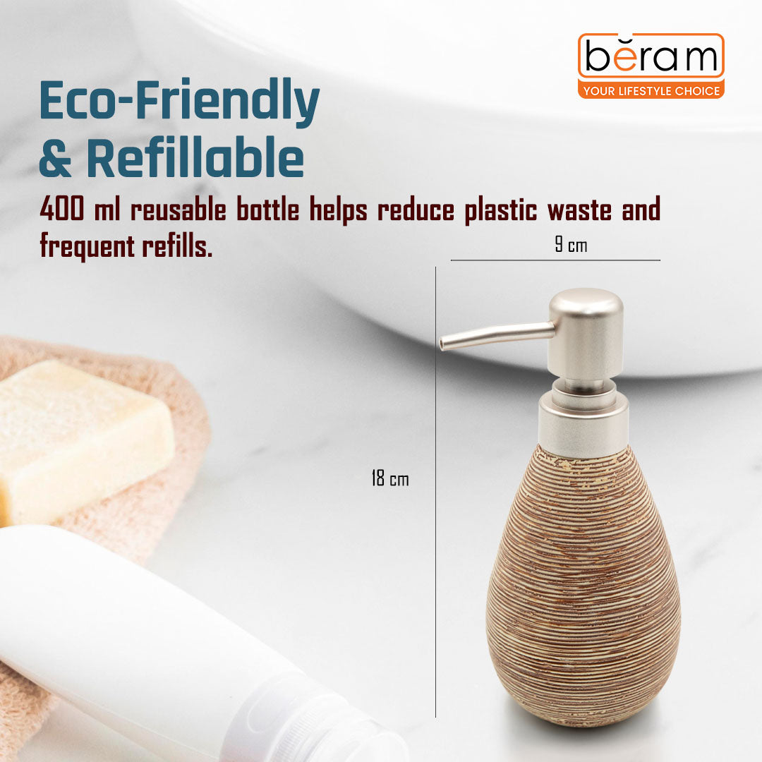 Beram Stripes Ceramic Soap Dispenser Bathroom Accessory Refillable Lotion Pump Bottle with Textured Stripe Design Modern 400ml Kitchen Accessory for Hand Soap, Lotion, or Sanitizer (Gold and Brown)