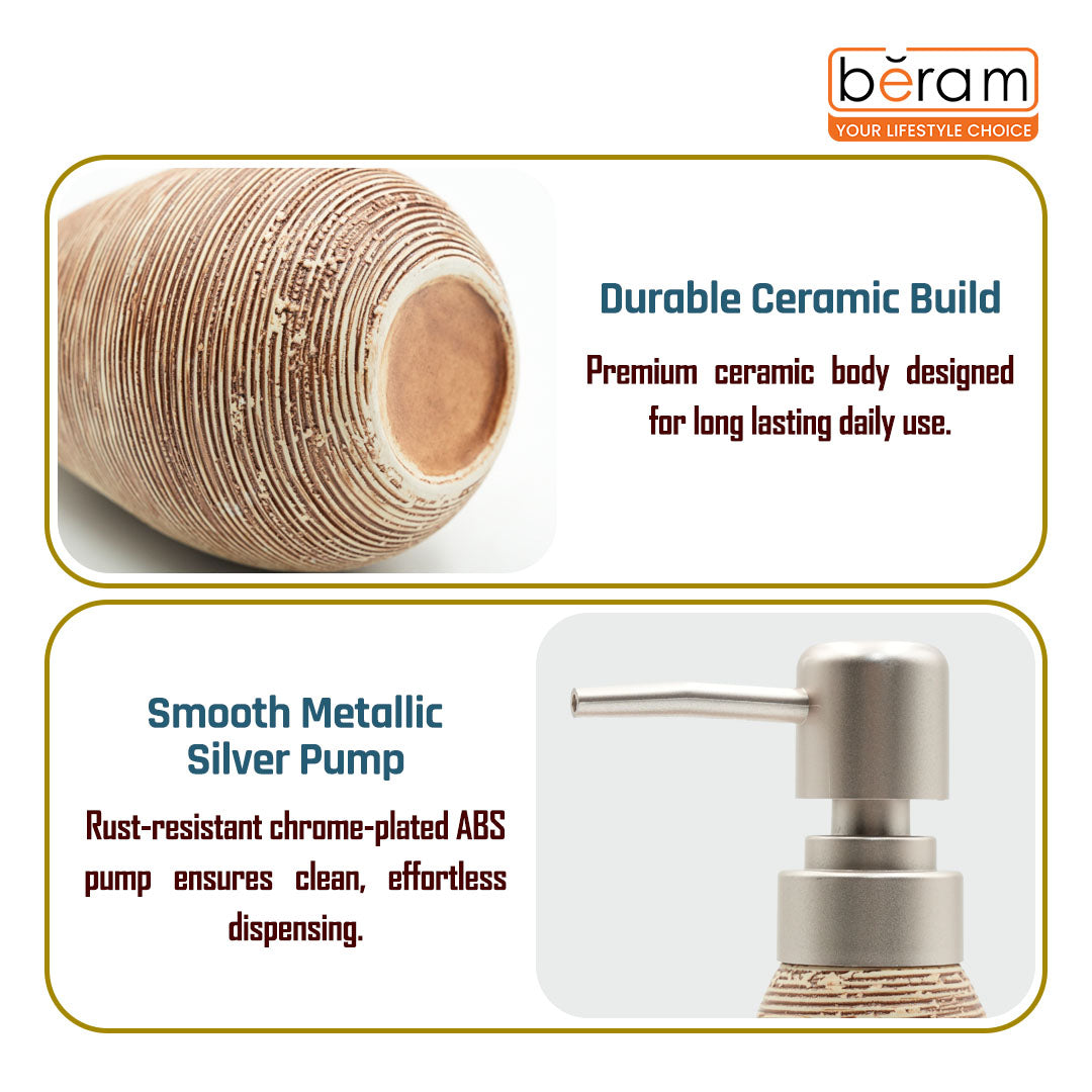 Beram Stripes Ceramic Soap Dispenser Bathroom Accessory Refillable Lotion Pump Bottle with Textured Stripe Design Modern 400ml Kitchen Accessory for Hand Soap, Lotion, or Sanitizer (Gold and Brown)