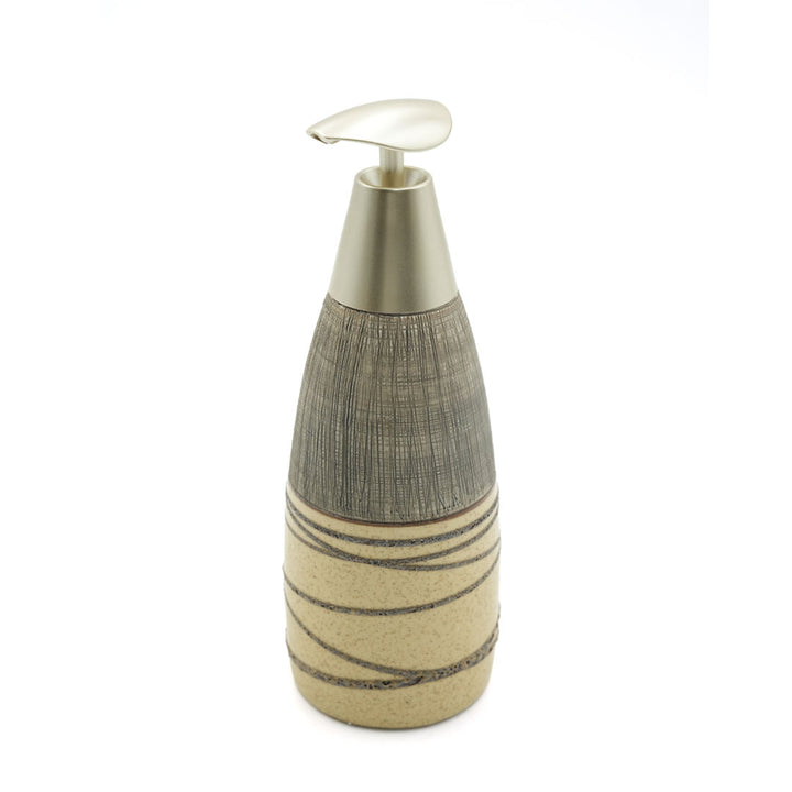 Beram Stripes Ceramic Soap Dispenser Bathroom Accessory Refillable Lotion Pump Bottle with Textured Stripe Design Modern 400ml Kitchen Accessory for Hand Soap Lotion or Sanitizer (Grey and Brown)