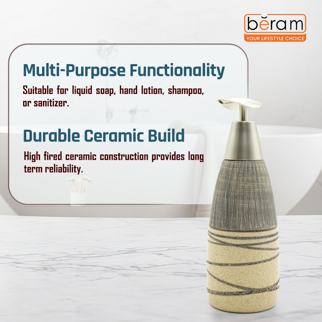 Beram Stripes Ceramic Soap Dispenser Bathroom Accessory Refillable Lotion Pump Bottle with Textured Stripe Design Modern 400ml Kitchen Accessory for Hand Soap Lotion or Sanitizer (Grey and Brown)