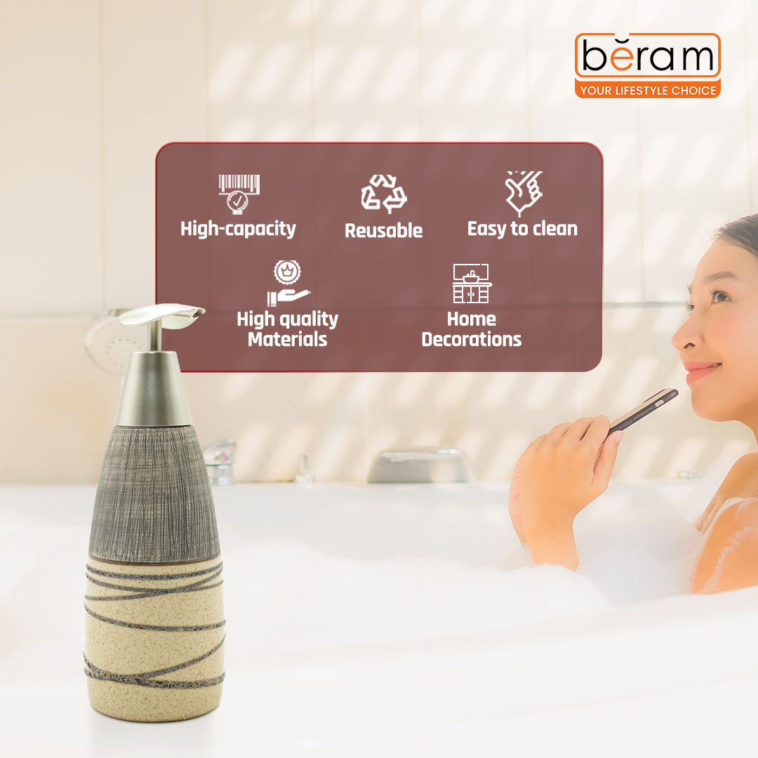 Beram Stripes Ceramic Soap Dispenser Bathroom Accessory Refillable Lotion Pump Bottle with Textured Stripe Design Modern 400ml Kitchen Accessory for Hand Soap Lotion or Sanitizer (Grey and Brown)