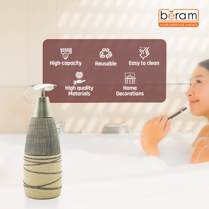 Beram Stripes Ceramic Soap Dispenser Bathroom Accessory Refillable Lotion Pump Bottle with Textured Stripe Design Modern 400ml Kitchen Accessory for Hand Soap Lotion or Sanitizer (Grey and Brown)