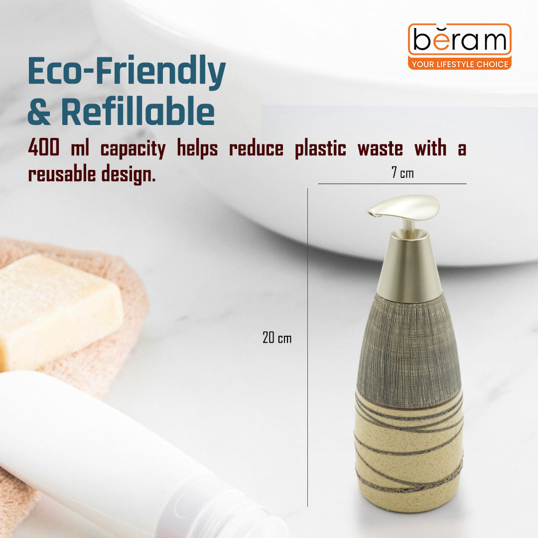 Beram Stripes Ceramic Soap Dispenser Bathroom Accessory Refillable Lotion Pump Bottle with Textured Stripe Design Modern 400ml Kitchen Accessory for Hand Soap Lotion or Sanitizer (Grey and Brown)