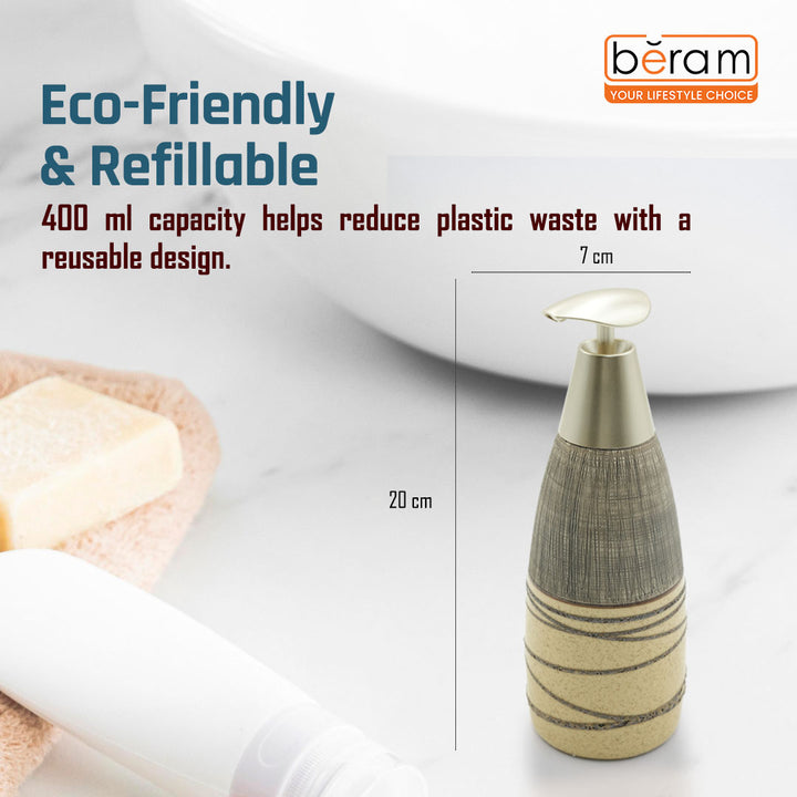 Beram Stripes Ceramic Soap Dispenser Bathroom Accessory Refillable Lotion Pump Bottle with Textured Stripe Design Modern 400ml Kitchen Accessory for Hand Soap Lotion or Sanitizer (Grey and Brown)