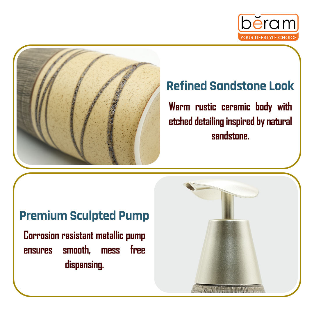 Beram Stripes Ceramic Soap Dispenser Bathroom Accessory Refillable Lotion Pump Bottle with Textured Stripe Design Modern 400ml Kitchen Accessory for Hand Soap Lotion or Sanitizer (Grey and Brown)