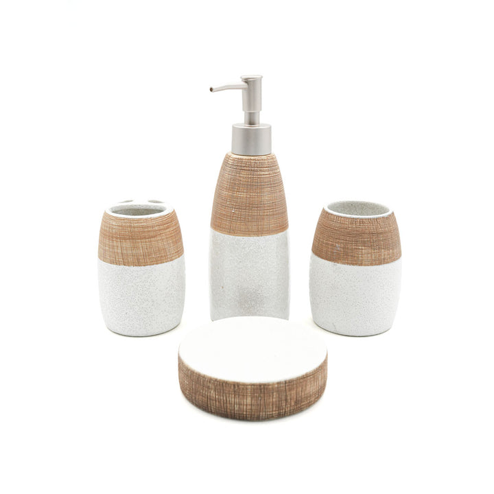 Beram 4PCS Ceramic Bathroom Accessory Set, White &  Brown Textured Set with Lotion Dispenser, Toothbrush Holder, Tumbler, and Soap Dish, Modern Bathroom Countertop Organizer (4PCS Set)
