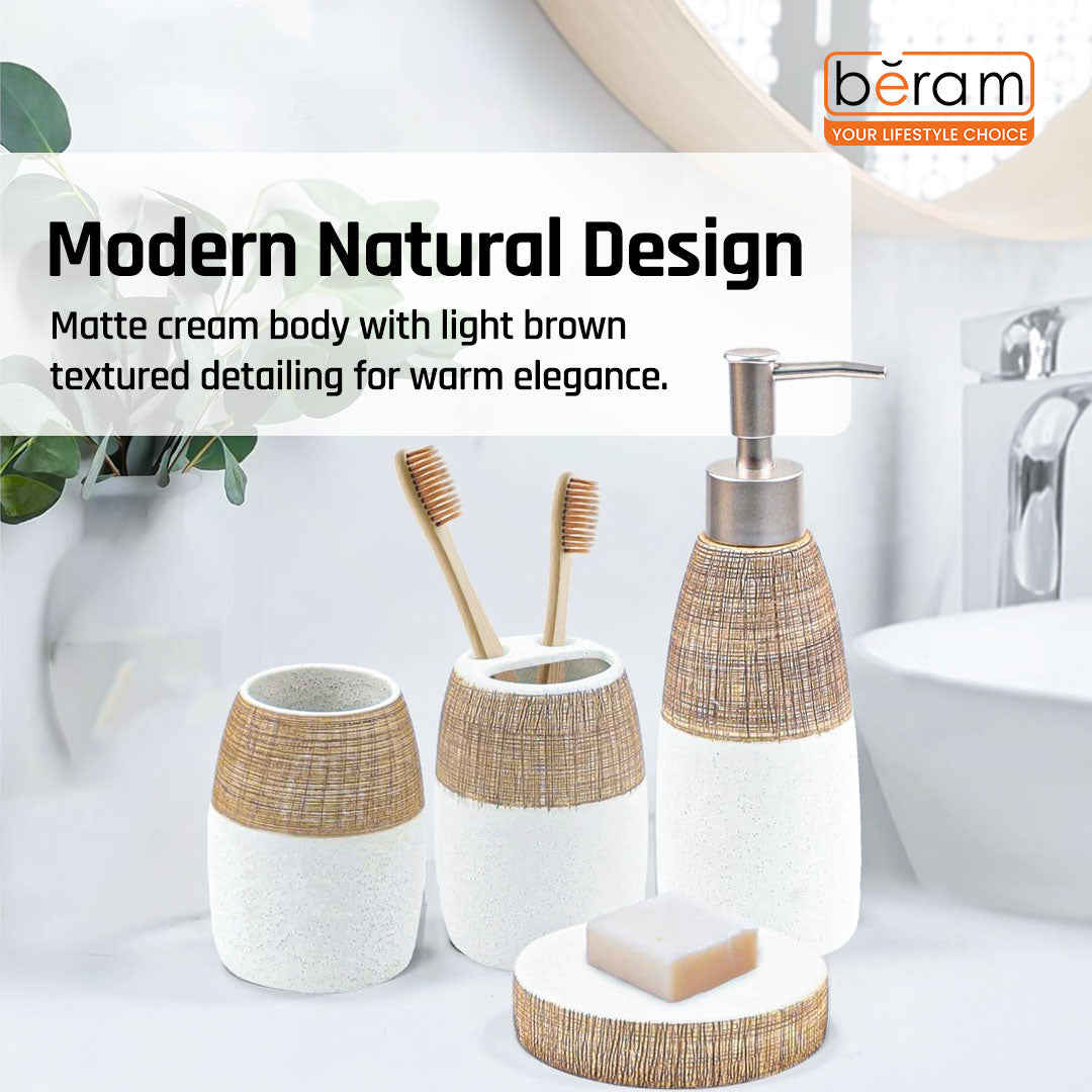 Beram 4PCS Ceramic Bathroom Accessory Set, White &  Brown Textured Set with Lotion Dispenser, Toothbrush Holder, Tumbler, and Soap Dish, Modern Bathroom Countertop Organizer (4PCS Set)