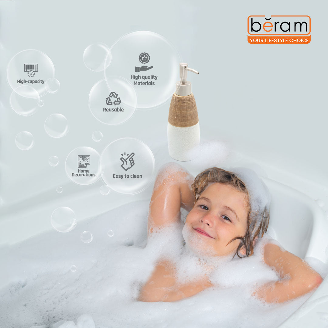 Beram 4PCS Ceramic Bathroom Accessory Set, White &  Brown Textured Set with Lotion Dispenser, Toothbrush Holder, Tumbler, and Soap Dish, Modern Bathroom Countertop Organizer (4PCS Set)