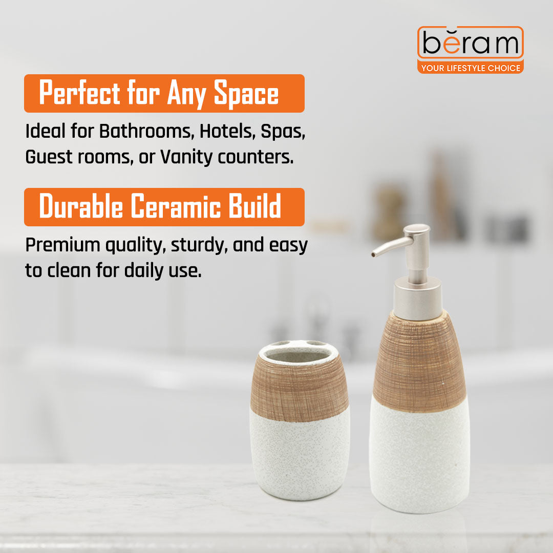 Beram 4PCS Ceramic Bathroom Accessory Set, White &  Brown Textured Set with Lotion Dispenser, Toothbrush Holder, Tumbler, and Soap Dish, Modern Bathroom Countertop Organizer (4PCS Set)