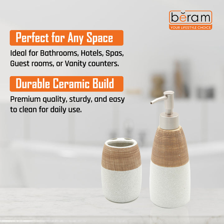 Beram 4PCS Ceramic Bathroom Accessory Set, White &  Brown Textured Set with Lotion Dispenser, Toothbrush Holder, Tumbler, and Soap Dish, Modern Bathroom Countertop Organizer (4PCS Set)