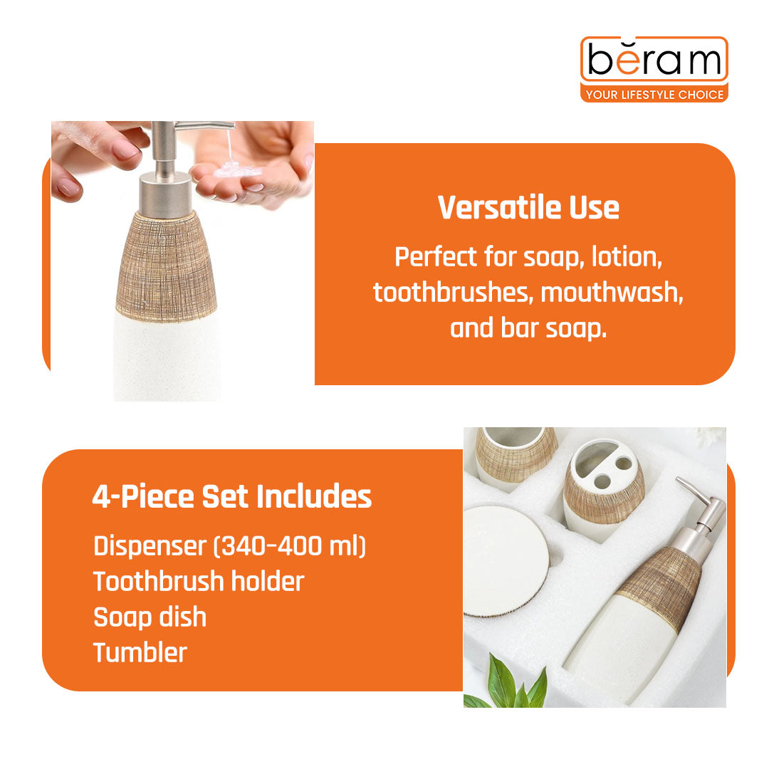 Beram 4PCS Ceramic Bathroom Accessory Set, White &  Brown Textured Set with Lotion Dispenser, Toothbrush Holder, Tumbler, and Soap Dish, Modern Bathroom Countertop Organizer (4PCS Set)