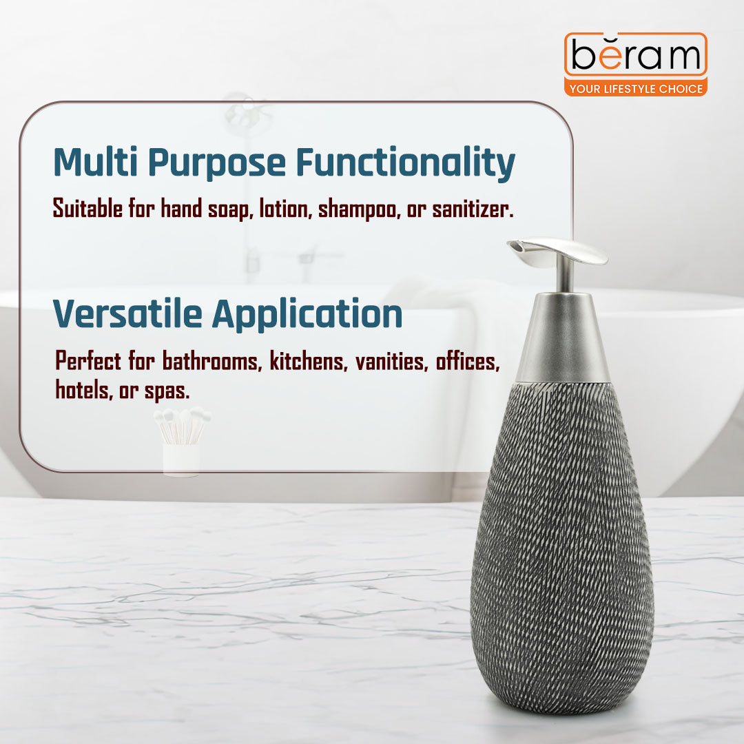 Beram Stripes Ceramic Soap Dispenser Bathroom Accessory Refillable Lotion Pump Bottle with Textured Stripe Design Modern 400ml Kitchen Accessory for Hand Soap Lotion or Sanitizer (Silver and Grey)