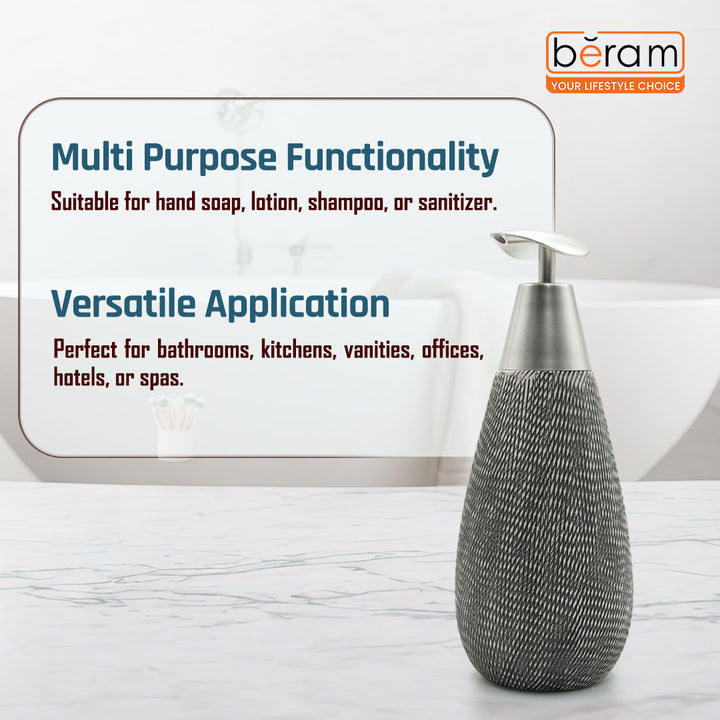 Beram Stripes Ceramic Soap Dispenser Bathroom Accessory Refillable Lotion Pump Bottle with Textured Stripe Design Modern 400ml Kitchen Accessory for Hand Soap Lotion or Sanitizer (Silver and Grey)